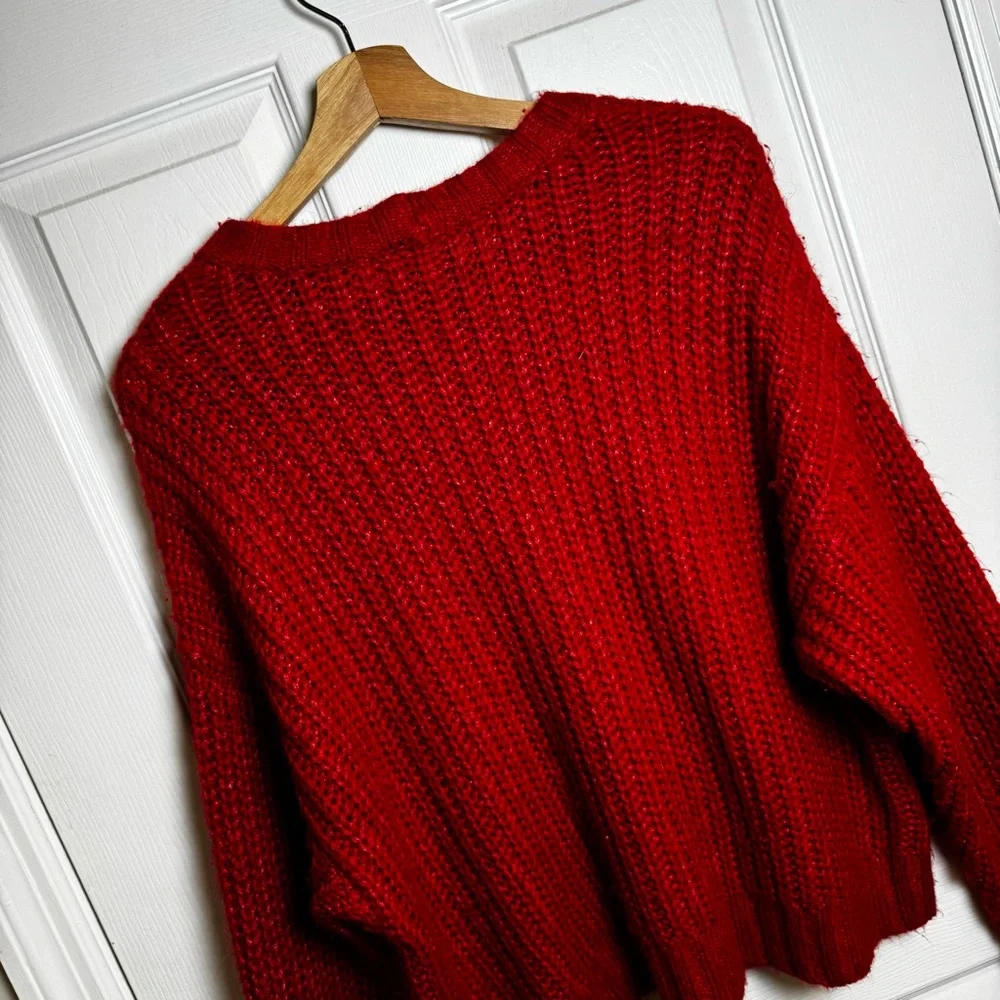 American Eagle True Red Shaker Knit Chunky Crewneck Sweater Size Large